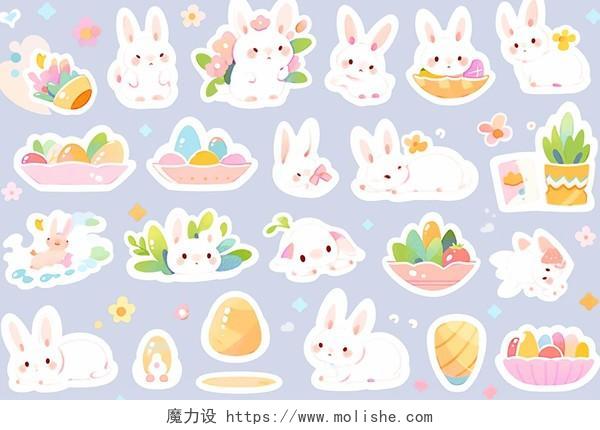 可爱小白兔植物套图卡通AI插画兔子元素贴纸素材